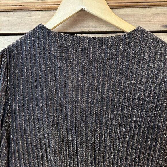 Boden 22 Regular Metallic Dress Maxi Black Gold Plus V-Neck Pleated Long Sleeve - Picture 11 of 15